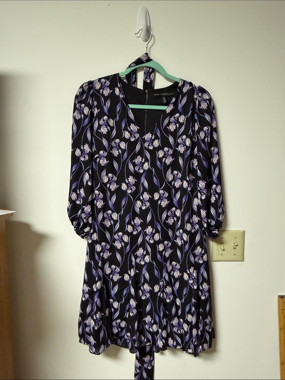Black Floral Long-Sleeve Women's Dress with Purple & Cream Accents